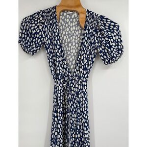 Reformation Midi True Wrap Dress Blue‎ White Print Smocking Tie Good Sz S